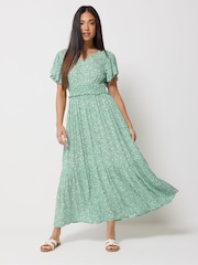 M&Co Green Petite Shirred Waist Printed Crinkle Dress - Image 2 of 5
