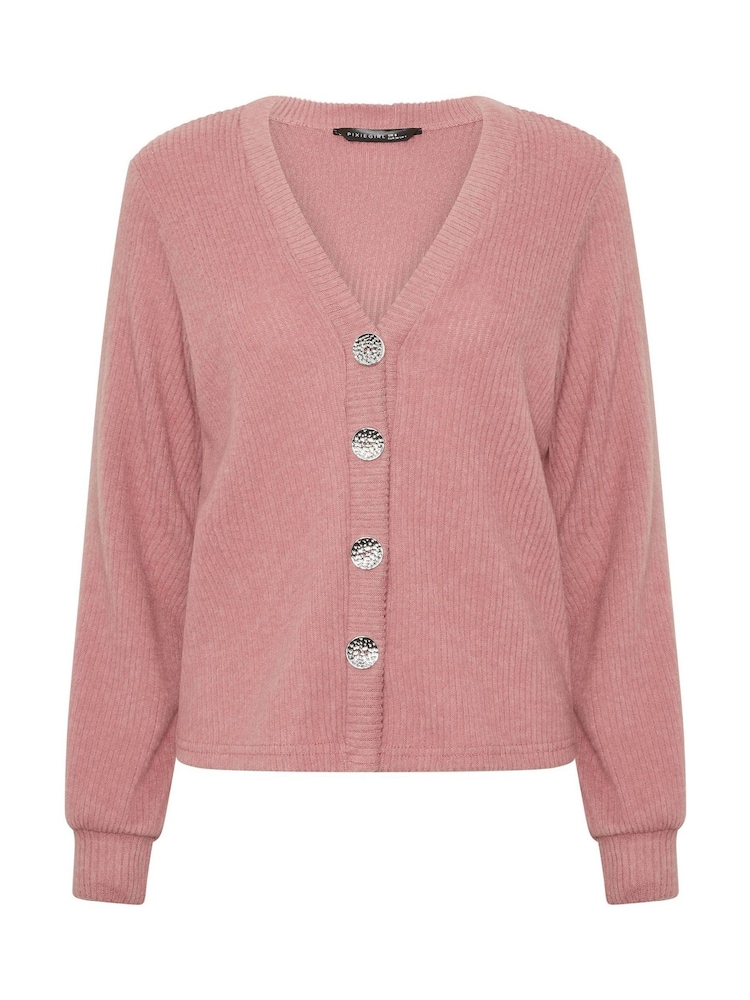 PixieGirl Petite Pink Soft Touch Silver Button Cardigan - Image 5 of 5