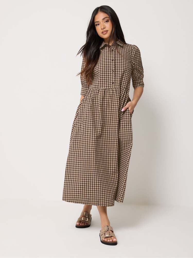 PixieGirl Petite Brown Short Sleeve Gingham Shirt Midi Dress - Image 1 of 5 PixieGirl Petite Brown Short Sleeve Gingham Shirt Midi Dress - Image 1 of 5
