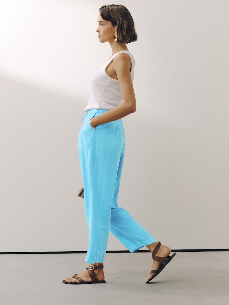 Bright Blue Barrel Leg Trousers with Linen - Image 2 of 7