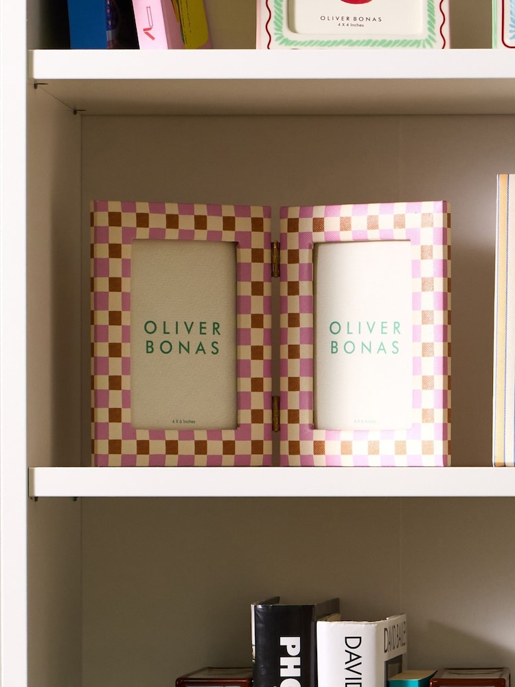 Oliver Bonas Pink Agns Burnt Orange Check Double Picture Frame 4x6 - Image 2 of 5
