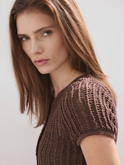 Mango Brown Open Knit Button Up Cardigen - Image 3 of 6