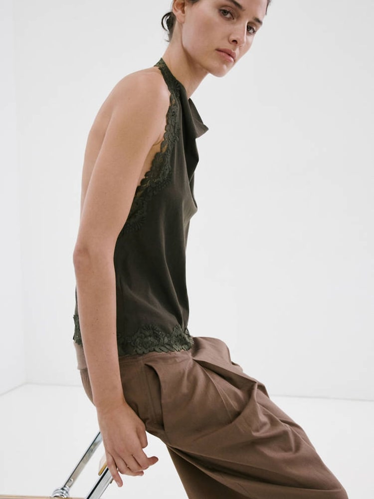 Mango Green Lace Trim Halter Top - Image 2 of 7