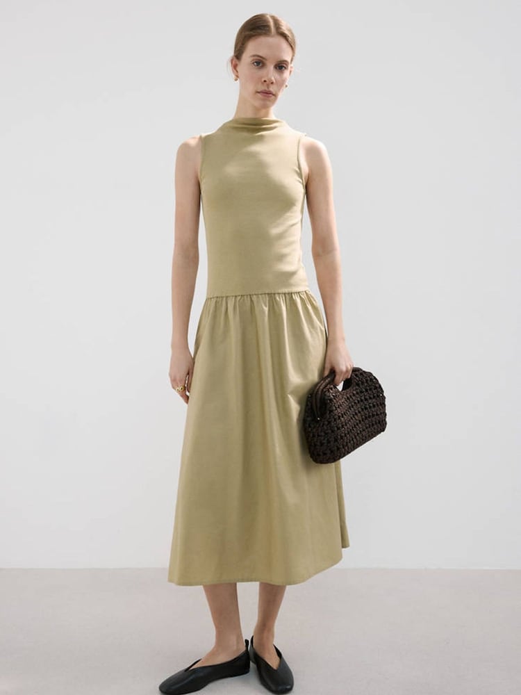 Mango Green Sleeveless Ribbed Poplin Midi Dress - Image 1 of 6
