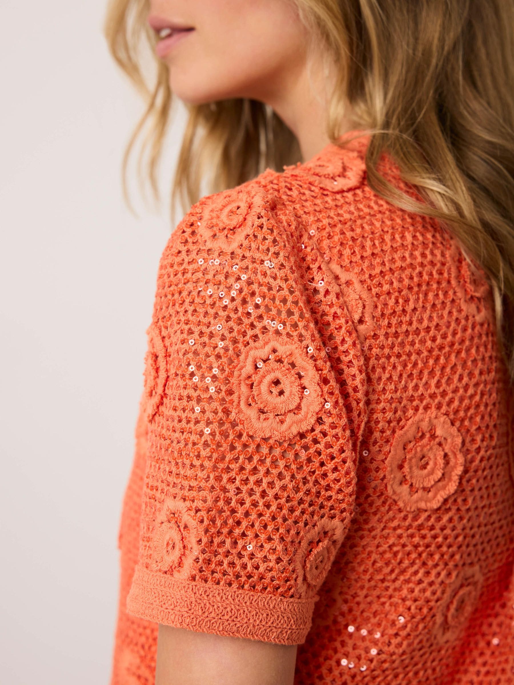 Buy Mint Velvet Orange Cotton Sequin Flower Crochet Top from the