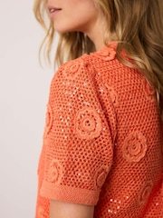 Mint Velvet Orange Cotton Sequin Flower Crochet Top - Image 4 of 8