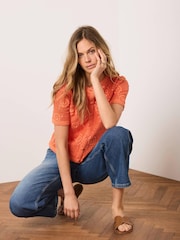 Mint Velvet Orange Cotton Sequin Flower Crochet Top - Image 5 of 8