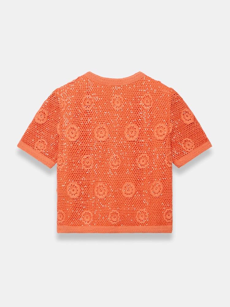 Mint Velvet Orange Cotton Sequin Flower Crochet Top - Image 8 of 8