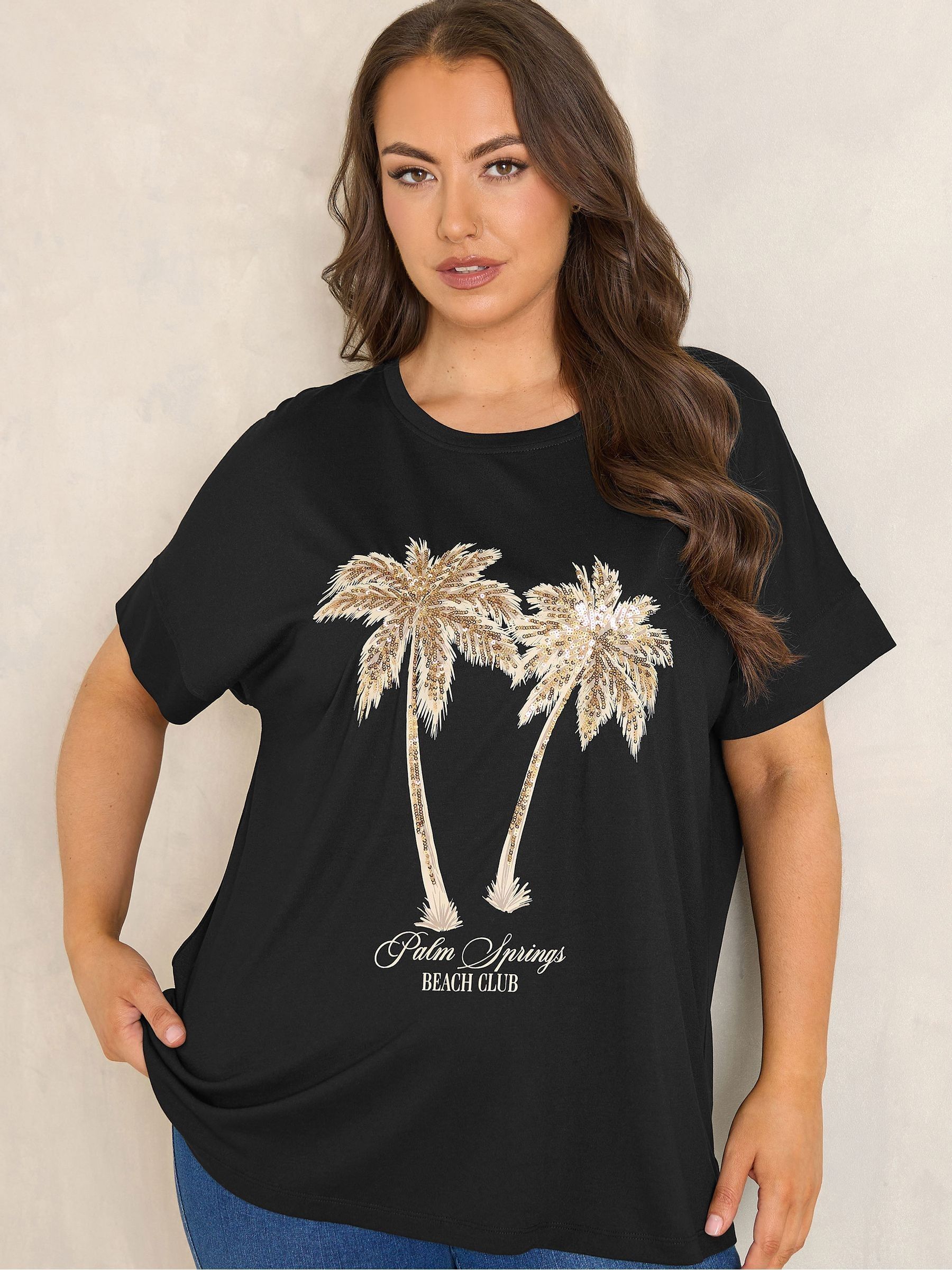 Buy Evans Black Sequin Embellished Palm Trees Graphic T-Shirt from