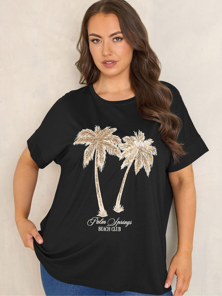 Evans Black Sequin Embellished Palm Trees Graphic T-Shirt - Image 1 of 5 Evans Black Sequin Embellished Palm Trees Graphic T-Shirt - Image 1 of 5