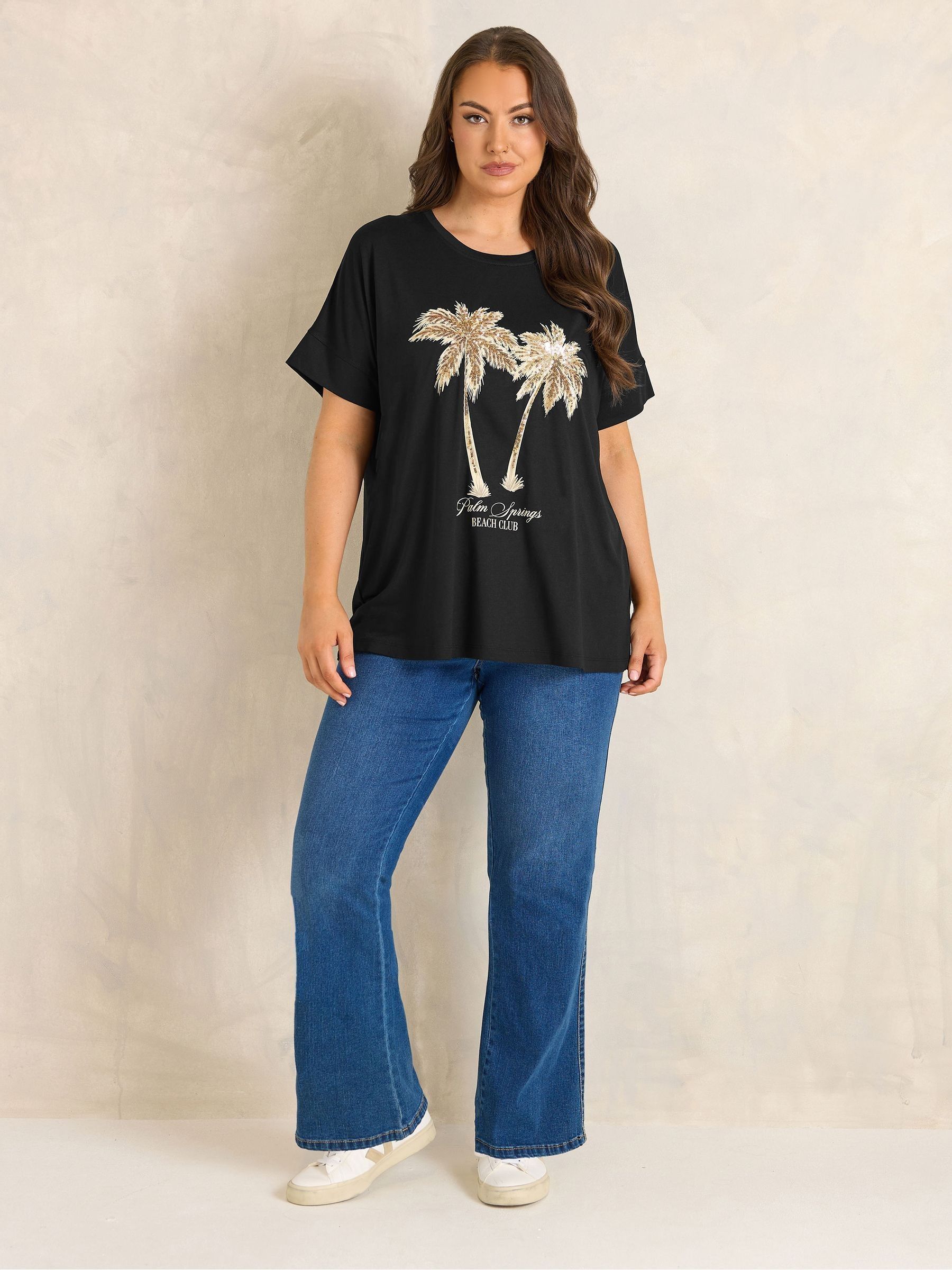 Buy Evans Black Sequin Embellished Palm Trees Graphic T-Shirt from