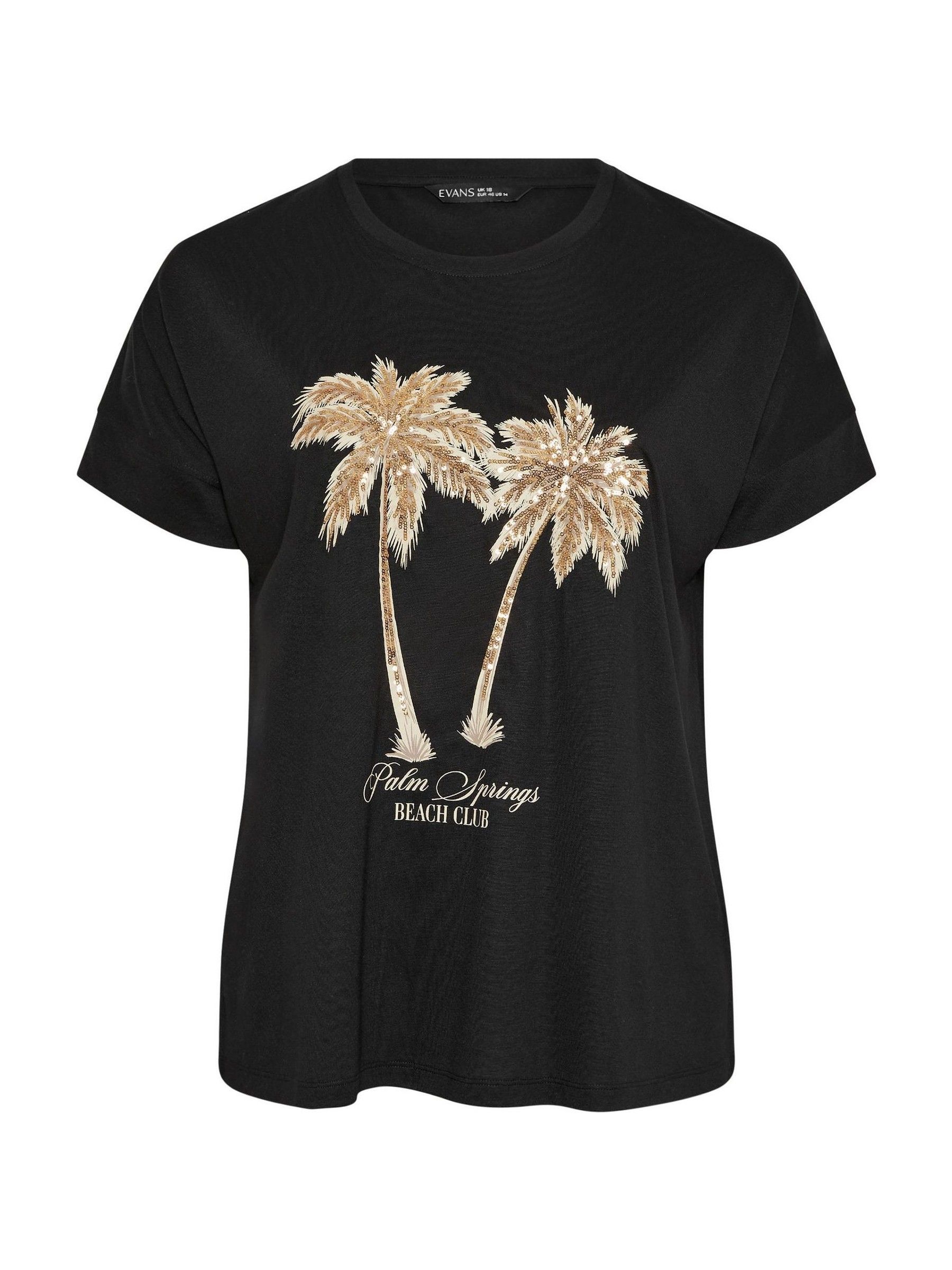 Buy Evans Black Sequin Embellished Palm Trees Graphic T-Shirt from