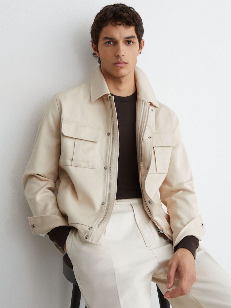 Reiss Stone Americas Lyocell-Cotton Twill Bomber Jacket - Image 1 of 8 Reiss Stone Americas Lyocell-Cotton Twill Bomber Jacket - Image 1 of 8