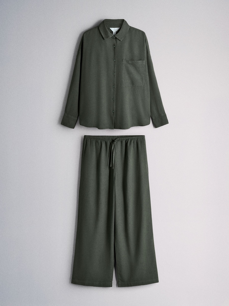 The Set Shirt and Wide Leg Trousers Co-ord Set Khaki Green - Image 1 of 5 The Set Shirt and Wide Leg Trousers Co-ord Set Khaki Green - Image 1 of 5