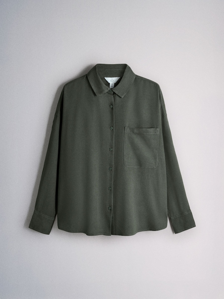 The Set Shirt and Wide Leg Trousers Co-ord Set Khaki Green - Image 2 of 5 The Set Shirt and Wide Leg Trousers Co-ord Set Khaki Green - Image 2 of 5