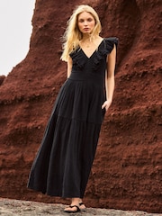 Ro&Zo Black Petite Cheesecloth Ruffle V-Neck Midi Dress - Image 1 of 6