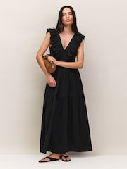 Ro&Zo Black Petite Cheesecloth Ruffle V-Neck Midi Dress - Image 3 of 6