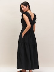 Ro&Zo Black Petite Cheesecloth Ruffle V-Neck Midi Dress - Image 4 of 6