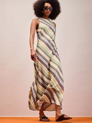 Ro&Zo Green Petite Stripe Racer-Neck Tie Back Dress With Linen - Image 3 of 4