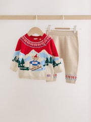 Neutral/Red Bear Ski Scene Baby Knitted Jumper and Leggings Set (0mths-2yrs) - Image 1 of 10