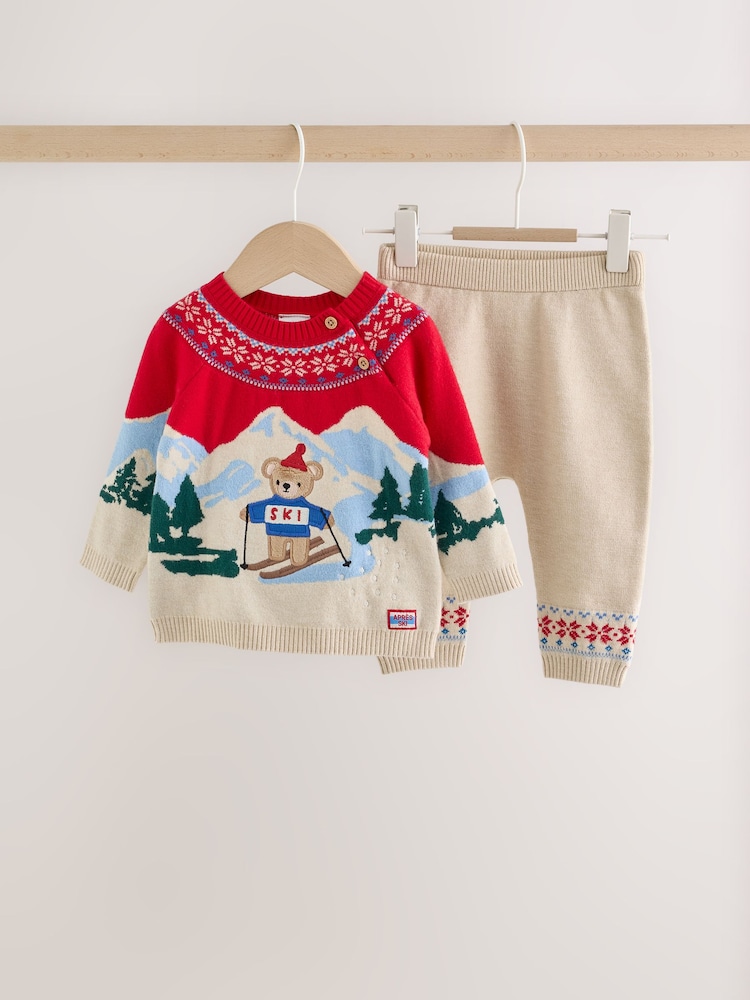 Neutral/Red Bear Ski Scene Baby Knitted Jumper and Leggings Set (0mths-2yrs) - Image 1 of 10 Neutral/Red Bear Ski Scene Baby Knitted Jumper and Leggings Set (0mths-2yrs) - Image 1 of 10