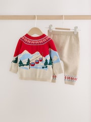 Neutral/Red Bear Ski Scene Baby Knitted Jumper and Leggings Set (0mths-2yrs) - Image 6 of 10