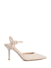 Dune London Gold Wide Fit Leather Channel Y Back Open Court Heels - Image 1 of 5