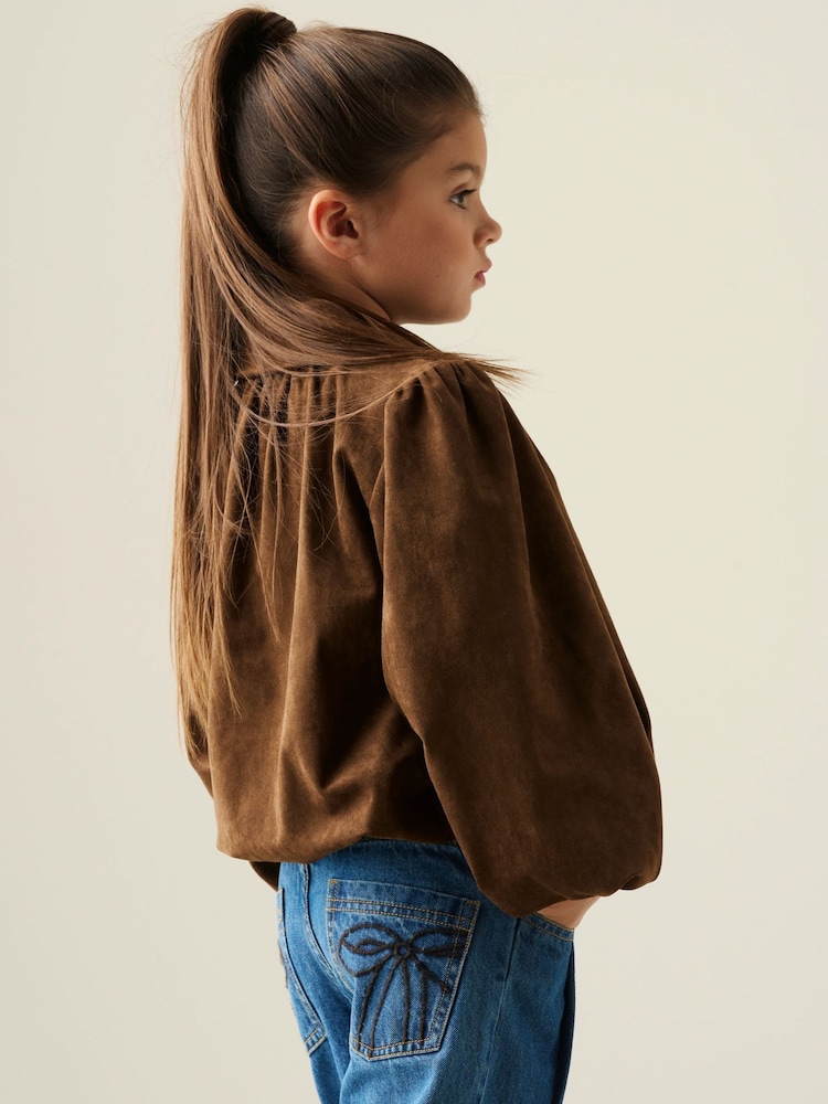 Angel & Rocket Brown Maia Suedette Balloon Hem Blouson Jacket - Image 2 of 5 Angel & Rocket Brown Maia Suedette Balloon Hem Blouson Jacket - Image 2 of 5
