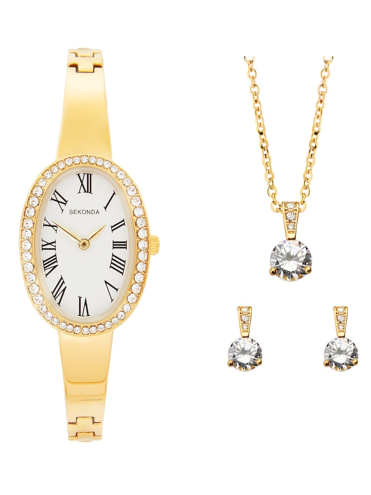 Sekonda Gold Bellamy 23mm Oval Analogue Watch with Gold Semi-Bangle Gift Set - Image 1 of 5 Sekonda Gold Bellamy 23mm Oval Analogue Watch with Gold Semi-Bangle Gift Set - Image 1 of 5