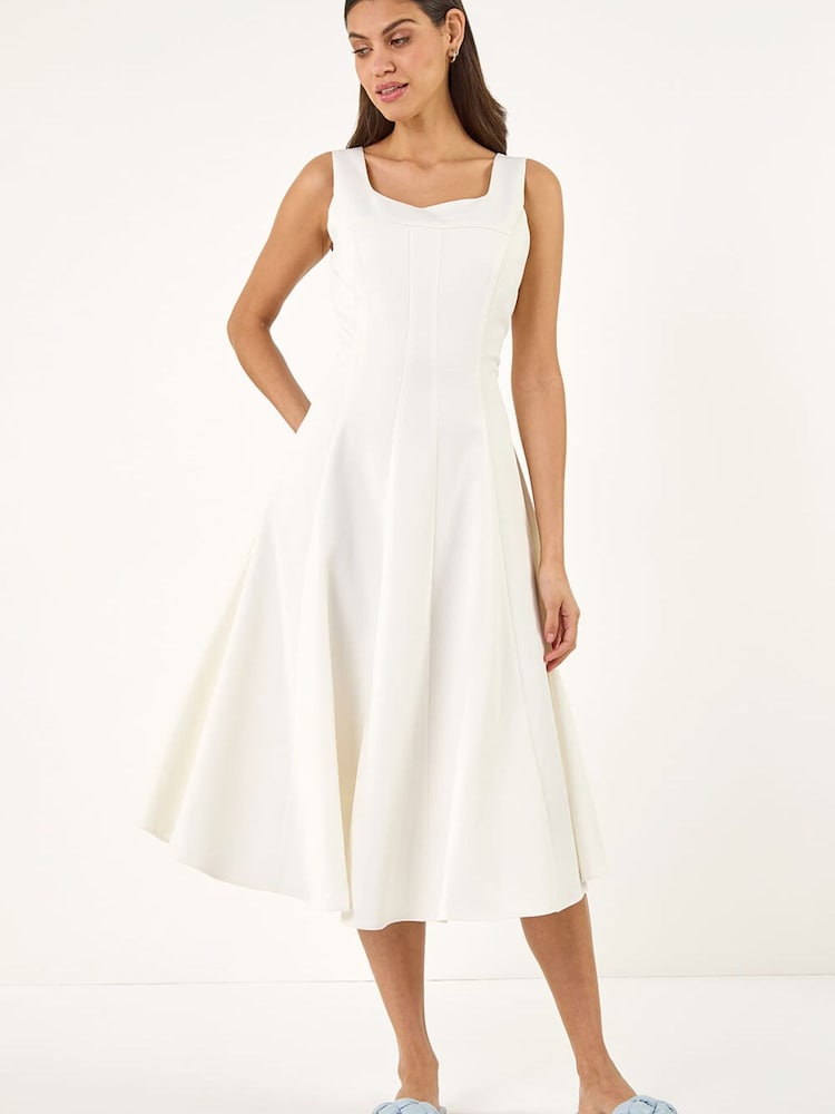 Roman White Square Neck Pleated Midi Dress - Image 2 of 5