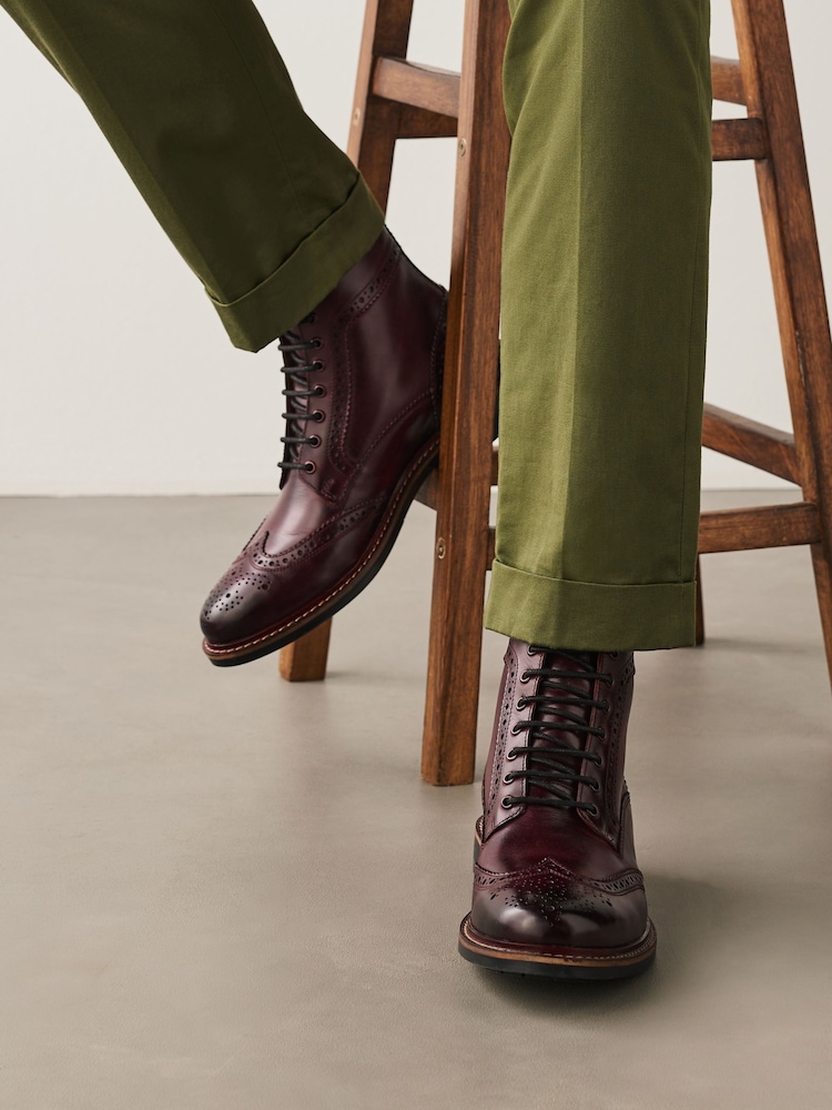 Burgundy Red Leather Brogue Boots - Image 1 of 7 Burgundy Red Leather Brogue Boots - Image 1 of 7