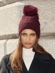 Lipsy Burgundy Red Knitted Cable Pom Beanie Hat - Image 1 of 6