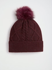 Lipsy Burgundy Red Knitted Cable Pom Beanie Hat - Image 4 of 6