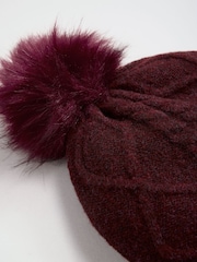 Lipsy Burgundy Red Knitted Cable Pom Beanie Hat - Image 5 of 6