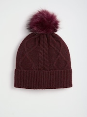 Lipsy Burgundy Red Knitted Cable Pom Beanie Hat - Image 6 of 6