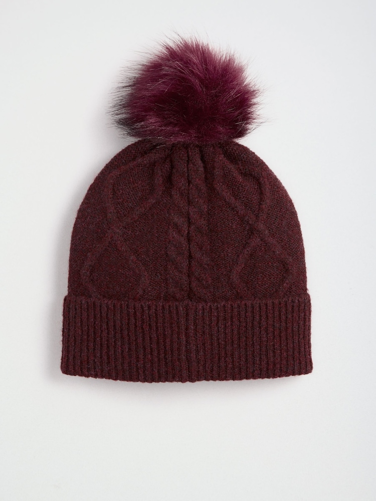 Lipsy Burgundy Red Knitted Cable Pom Beanie Hat - Image 6 of 6 Lipsy Burgundy Red Knitted Cable Pom Beanie Hat - Image 6 of 6