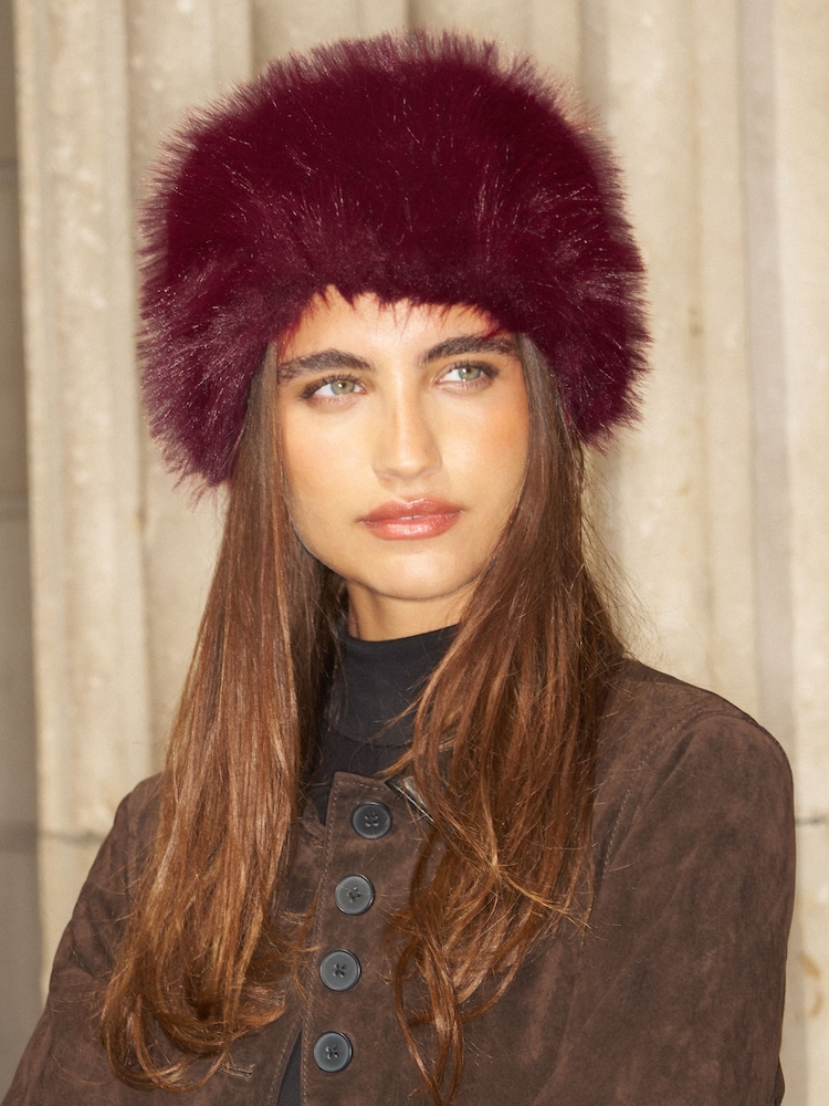 Lipsy Burgundy Red Cosy Faux Fur Pillbox Hat - Image 1 of 7 Lipsy Burgundy Red Cosy Faux Fur Pillbox Hat - Image 1 of 7