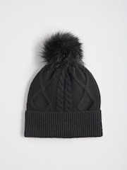 Lipsy Black Knitted Cable Pom Beanie Hat - Image 1 of 3