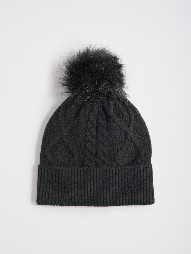 Lipsy Black Knitted Cable Pom Beanie Hat - Image 1 of 3 Lipsy Black Knitted Cable Pom Beanie Hat - Image 1 of 3