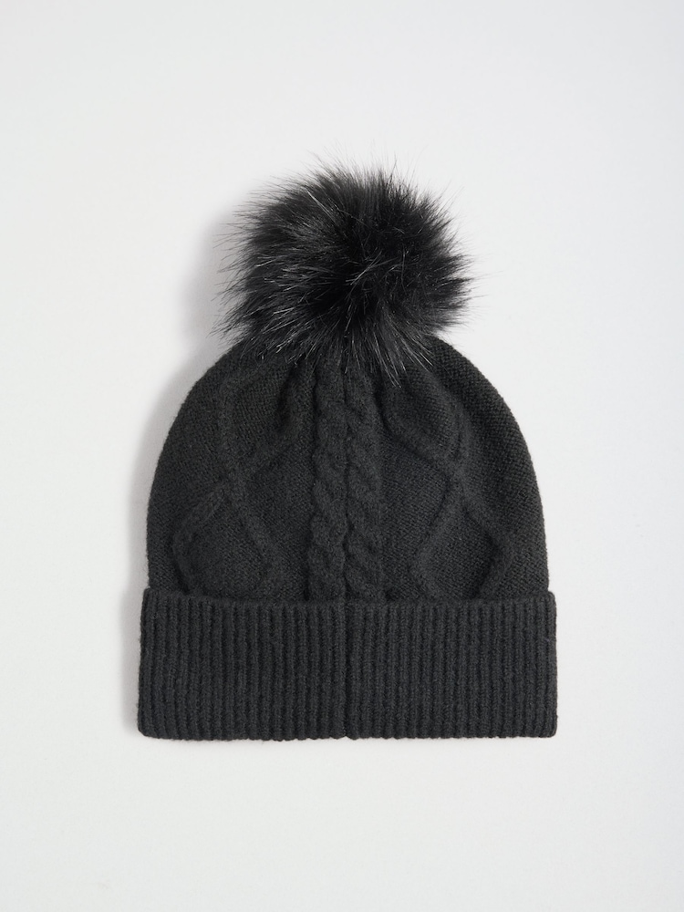 Lipsy Black Knitted Cable Pom Beanie Hat - Image 2 of 3 Lipsy Black Knitted Cable Pom Beanie Hat - Image 2 of 3
