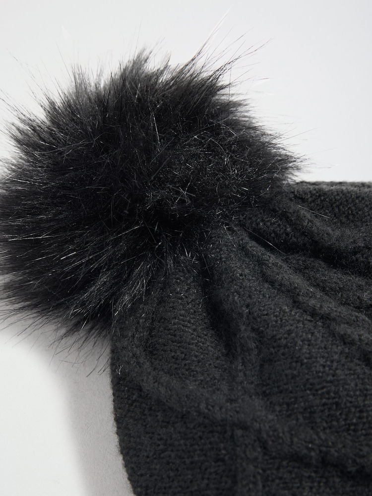 Lipsy Black Knitted Cable Pom Beanie Hat - Image 3 of 3 Lipsy Black Knitted Cable Pom Beanie Hat - Image 3 of 3