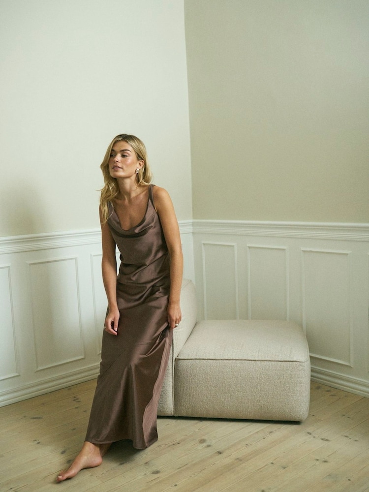 JDY Brown Cowl Neck Wedding Guest Bridesmaid Satin Maxi Dress - Image 1 of 9