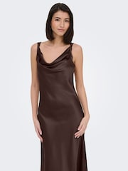 JDY Brown Cowl Neck Wedding Guest Bridesmaid Satin Maxi Dress - Image 6 of 9