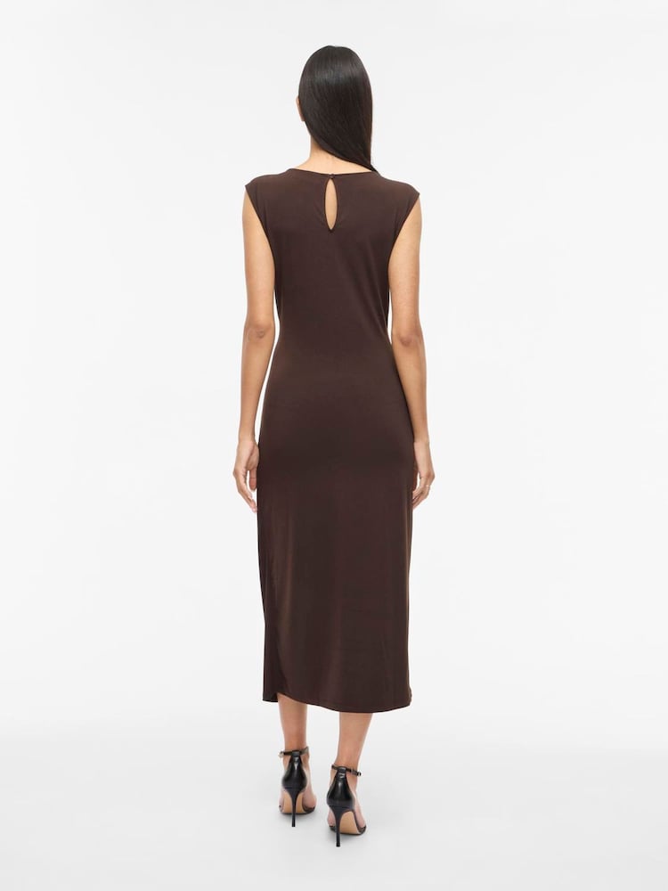 VILA Brown O-Neck Midi Dress with Twisted Waist Detail - Image 2 of 5 VILA Brown O-Neck Midi Dress with Twisted Waist Detail - Image 2 of 5
