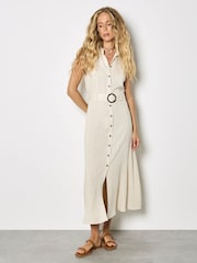 Apricot Natural Linen Blend Shirt Midi Dress - Image 1 of 4