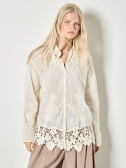 Natural Embroidered Mesh Lace Oversized Shirt - Image 1 of 4