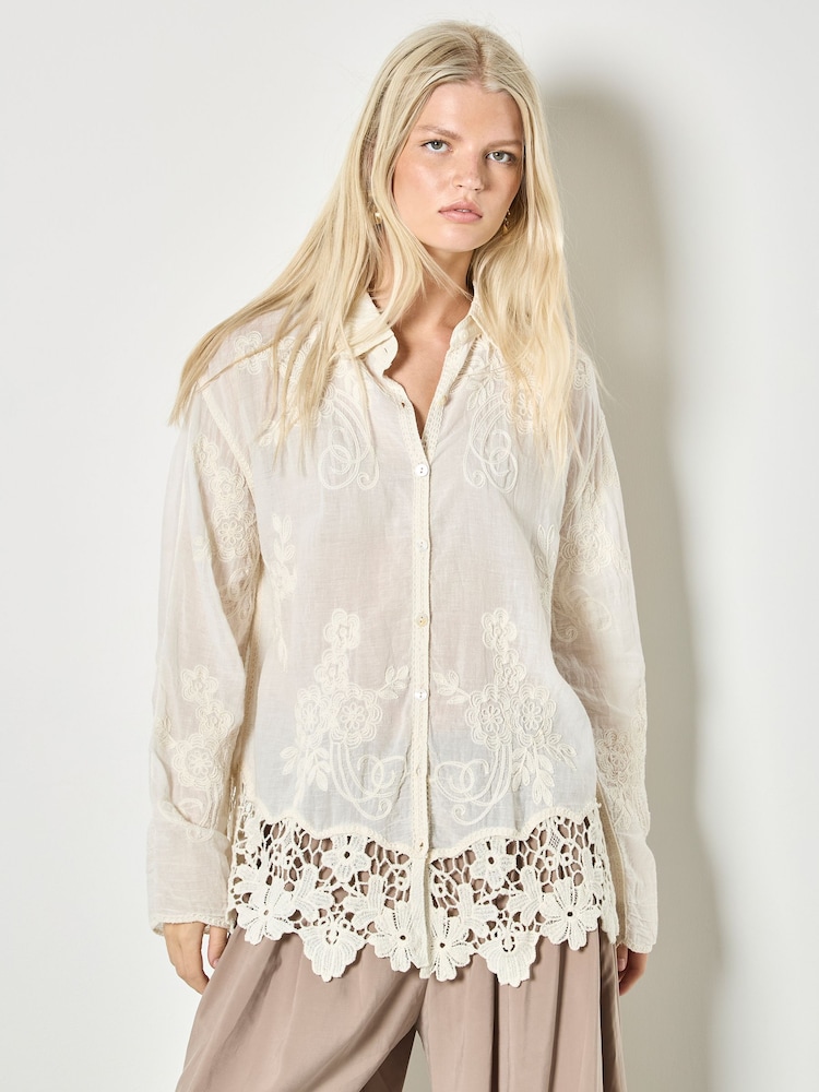 Natural Embroidered Mesh Lace Oversized Shirt - Image 1 of 4