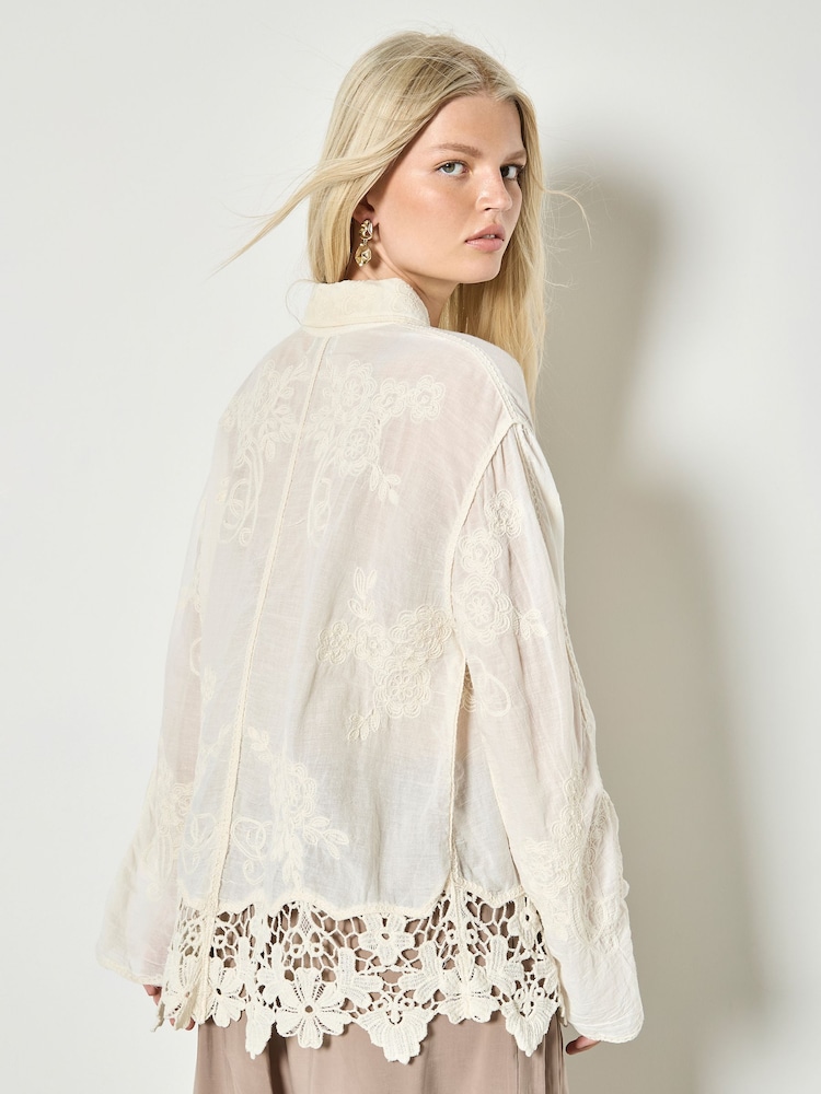 Natural Embroidered Mesh Lace Oversized Shirt - Image 2 of 4
