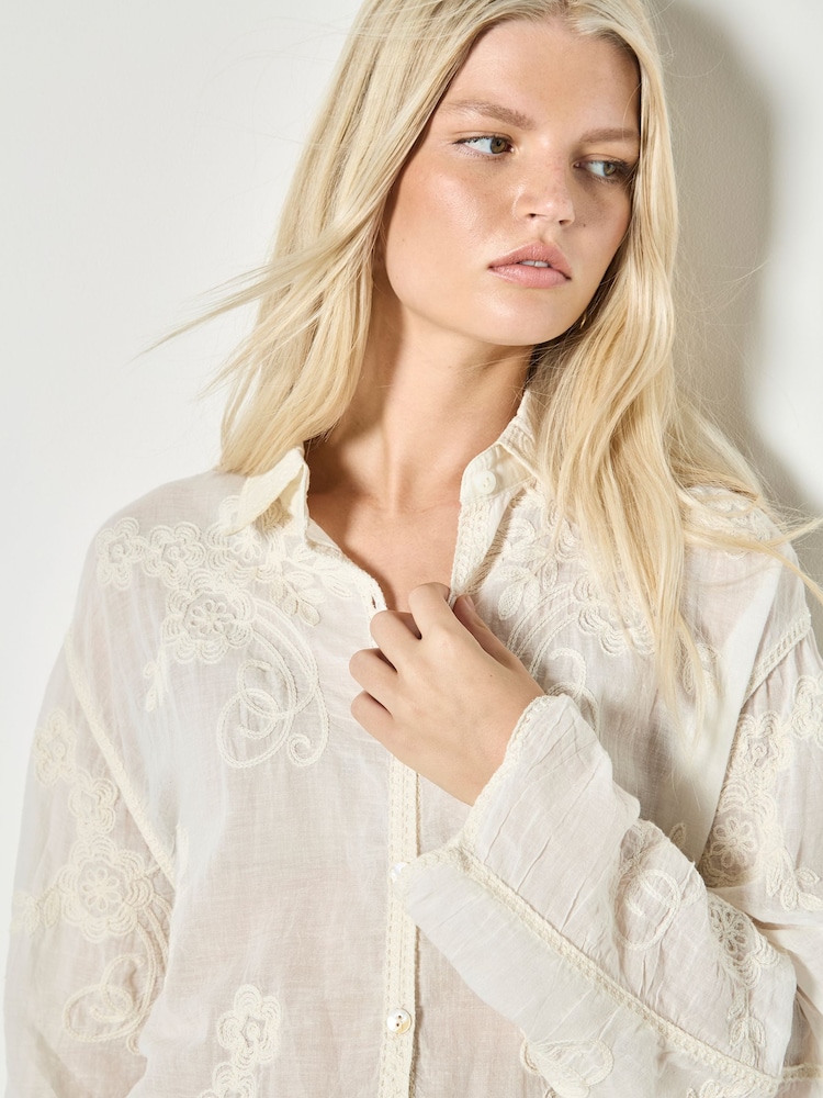 Natural Embroidered Mesh Lace Oversized Shirt - Image 4 of 4