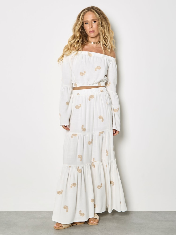 Apricot Cream Paisley Embroidered Bardot Crop Top - Image 2 of 5